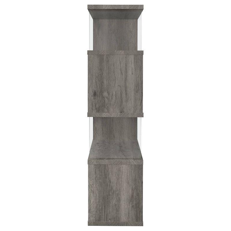 Coaster 63" Emelle 4 Shelf Zig Zag Bookcase with Glass Panels Gray Driftwood: Modern Style, Laminated Melamine Veneer, Metal Hardware