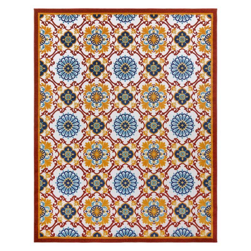 Fosel Chora Red/Ivory Floral Tile Flatweave Indoor/Outdoor Area Rug