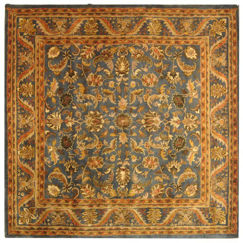 Elegant Blue and Gold Handmade Wool Square Rug, 6' x 6'