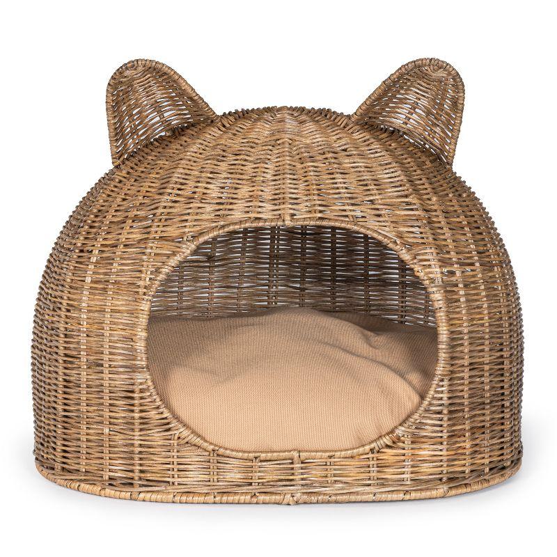 Cat Ear Coastal Handwoven Rattan Cat Bed with Machine-Washable Cushion