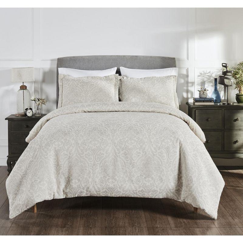 Gray King Cotton Damask Duvet Cover Set with Shams