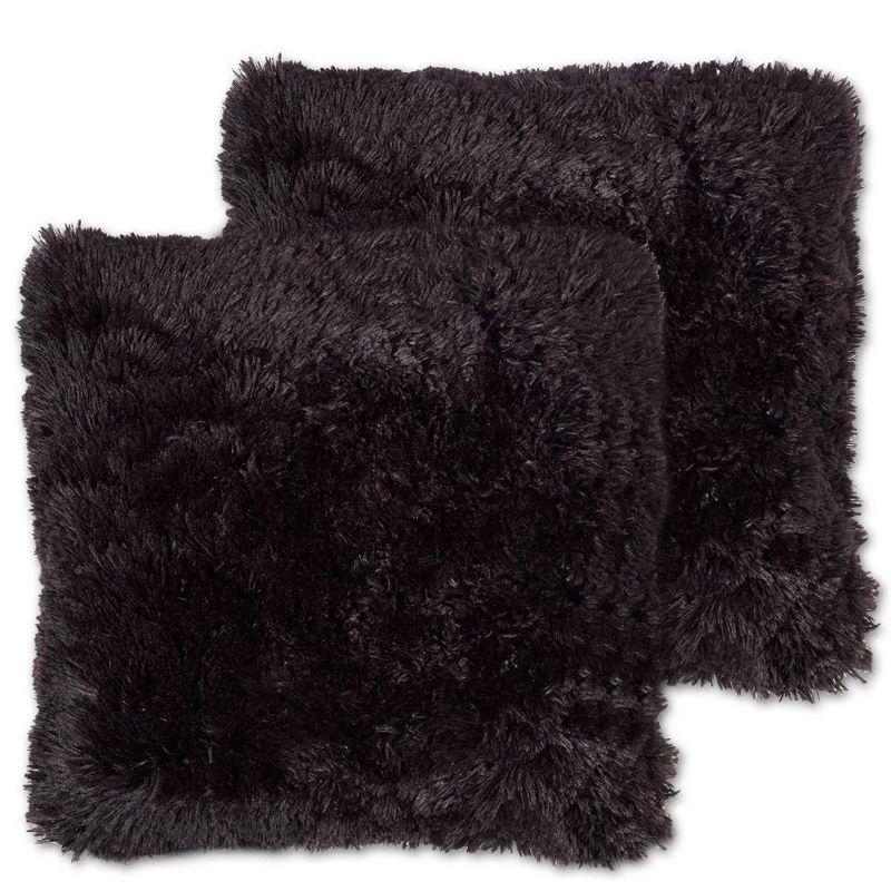 Very Soft & Comfy Plush Long Faux Fur 18" x 18" Throw Pillows 2 Pack, Black