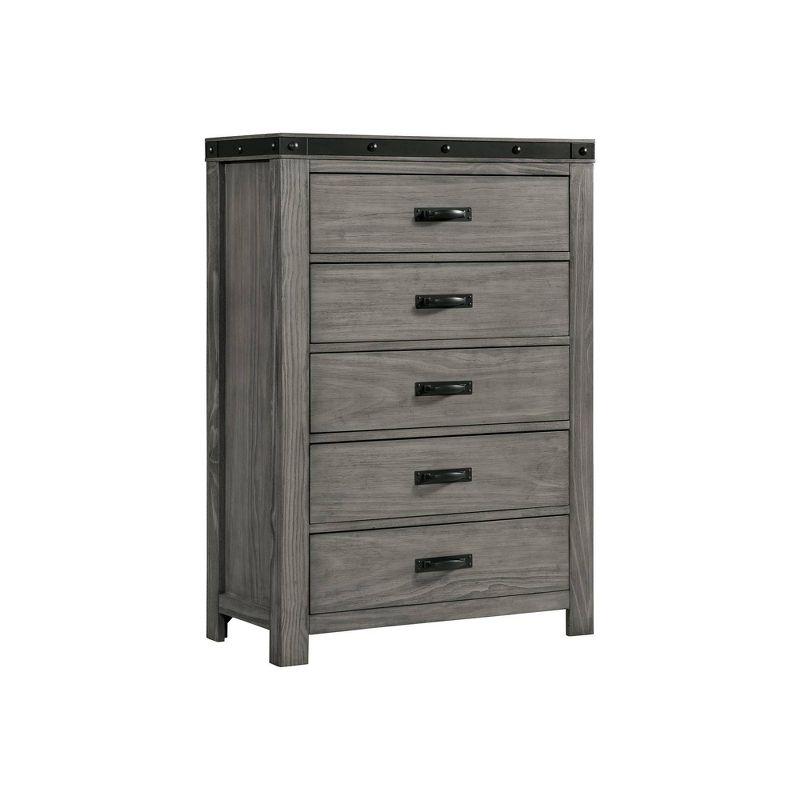 Gray Pine Transitional 5-Drawer Chest with Black Metal Trim