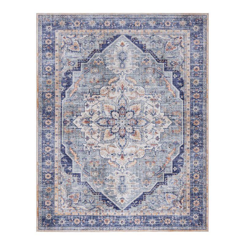 Gertmenian Crystal Print Tiefi Traditional Medallion Navy Blue Ivory Multi Washable Flat Pile Indoor Area Rug