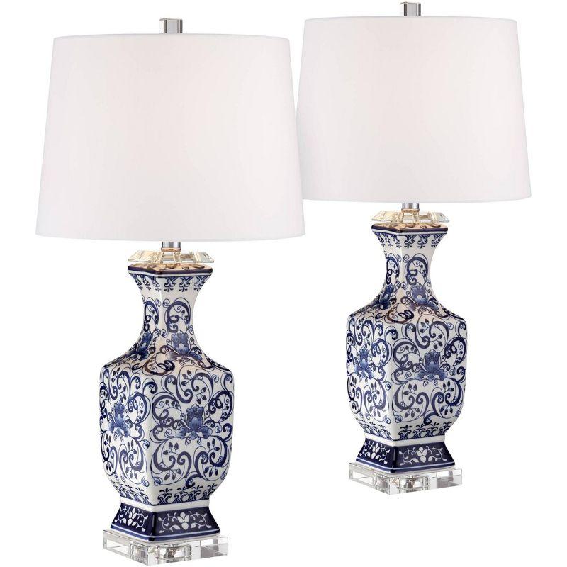 Blue and White Porcelain Floral Table Lamp Set with Crystal Accents