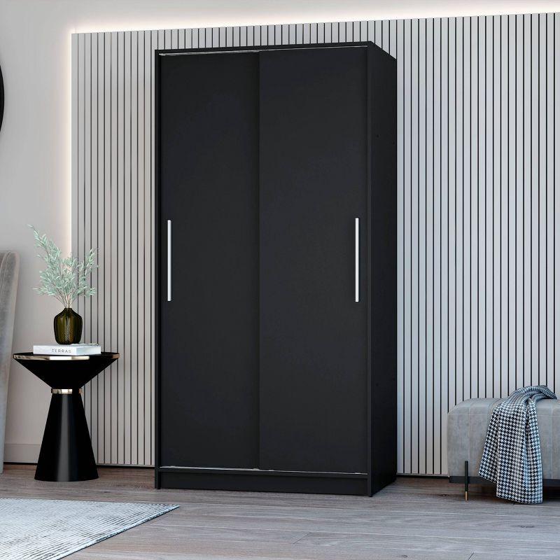 Denmark 2 Sliding Doors Clothing Armoire Black -Polifurniture: Modern Wardrobe Closet with Fixed Shelves