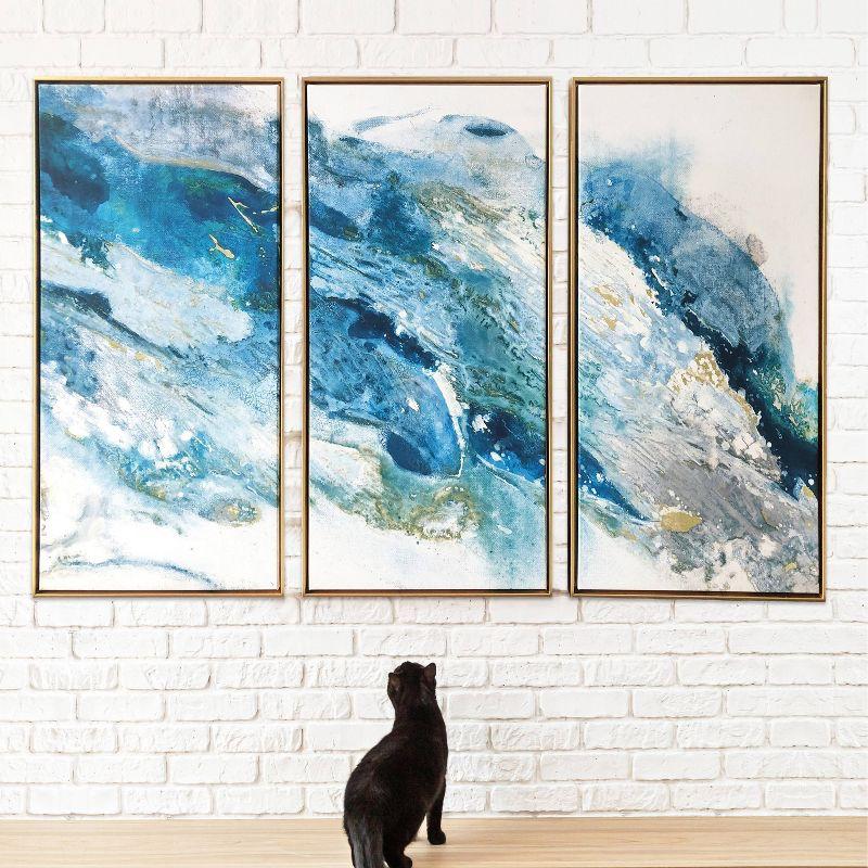 48" x 30" Abstract Regalite Triptych Floating Framed Wall Canvas Teal Blue - Gallery 57