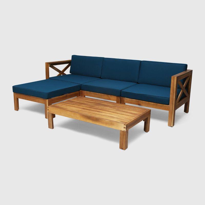 Teak Finish Acacia Wood 5pc Outdoor Sofa Set with Dark Teal Cushions