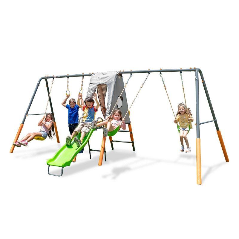 Jungle Warrior Jaguar Metal Swing Set with Standing Swing and Gymnastics Rings