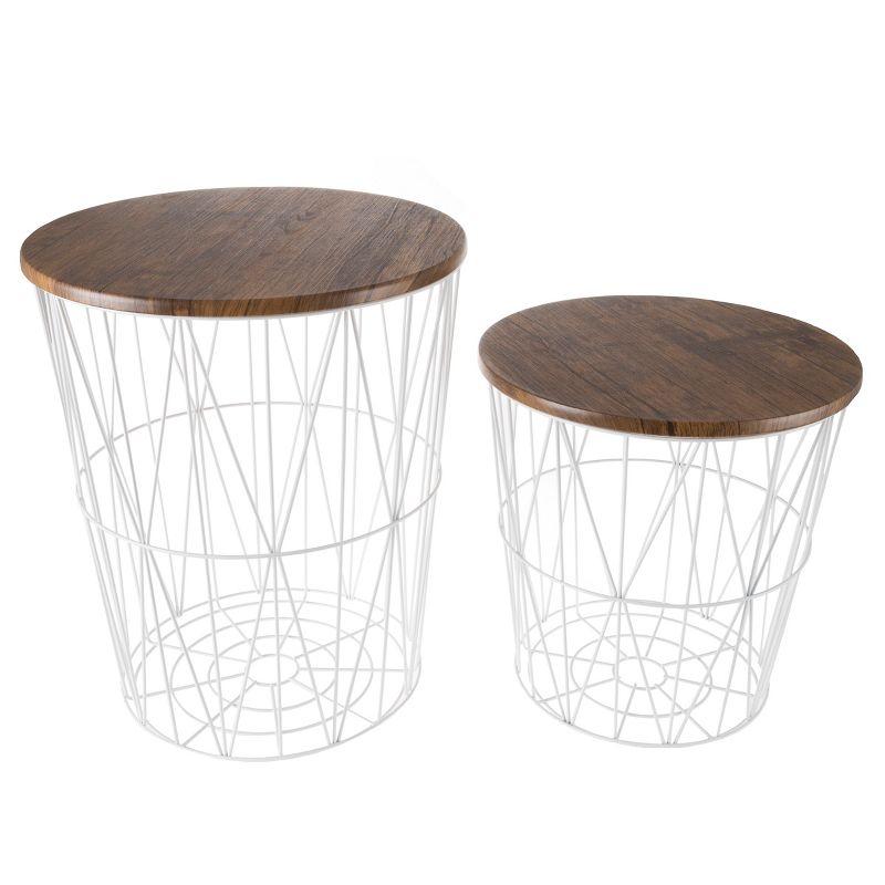 Round Wood and Metal Nesting Side Tables with Storage