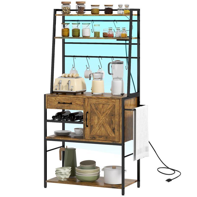 HOMCOM Kitchen Baker's Rack with Power Outlet, LED Lights, Microwave Stand with Storage Shelves, Wine Bottle Rack, Barn Door Cabinet, Rustic Brown