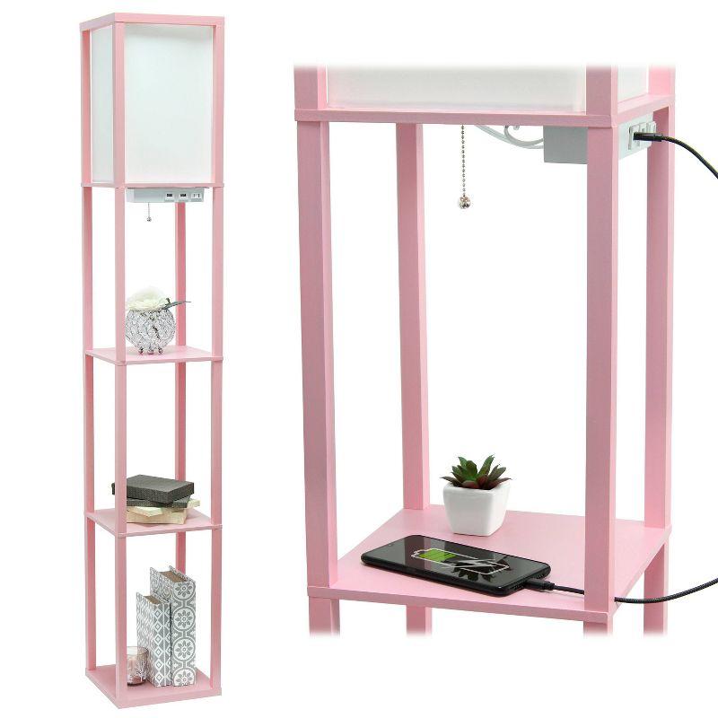 Floor Lamp Etagere Organizer Storage Shelf with 2 USB Charging Ports and Linen Shade - Simple Designs