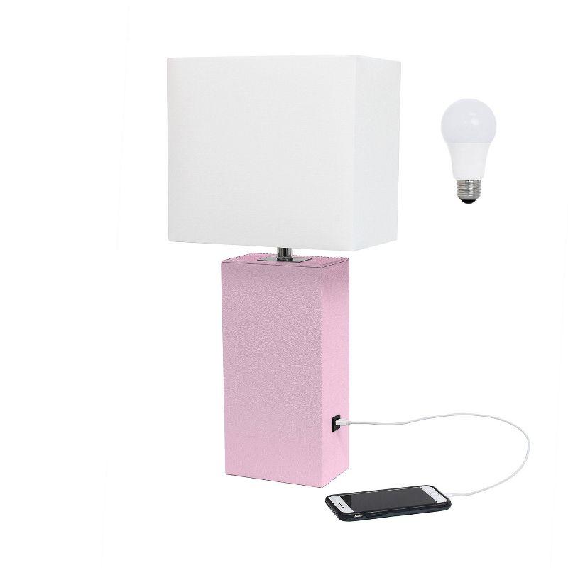 Elegant Designs 21" Modern Leather Wrapped Table Lamp with USB Port and Feit LED (Includes LED Light Bulb) Light Pink
