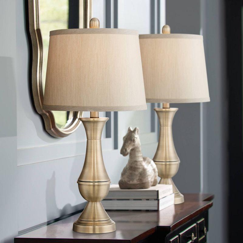 Regency Hill Becky Traditional Table Lamps 24 3/4" High Set of 2 Antique Brass Metal Beige Drum Shade for Bedroom Living Room Bedside Nightstand Home