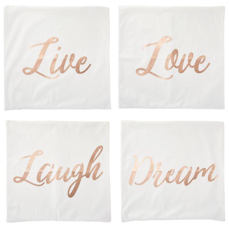 Set of 4 White Cotton Pillow Covers with Rose Gold Inspirational Phrases