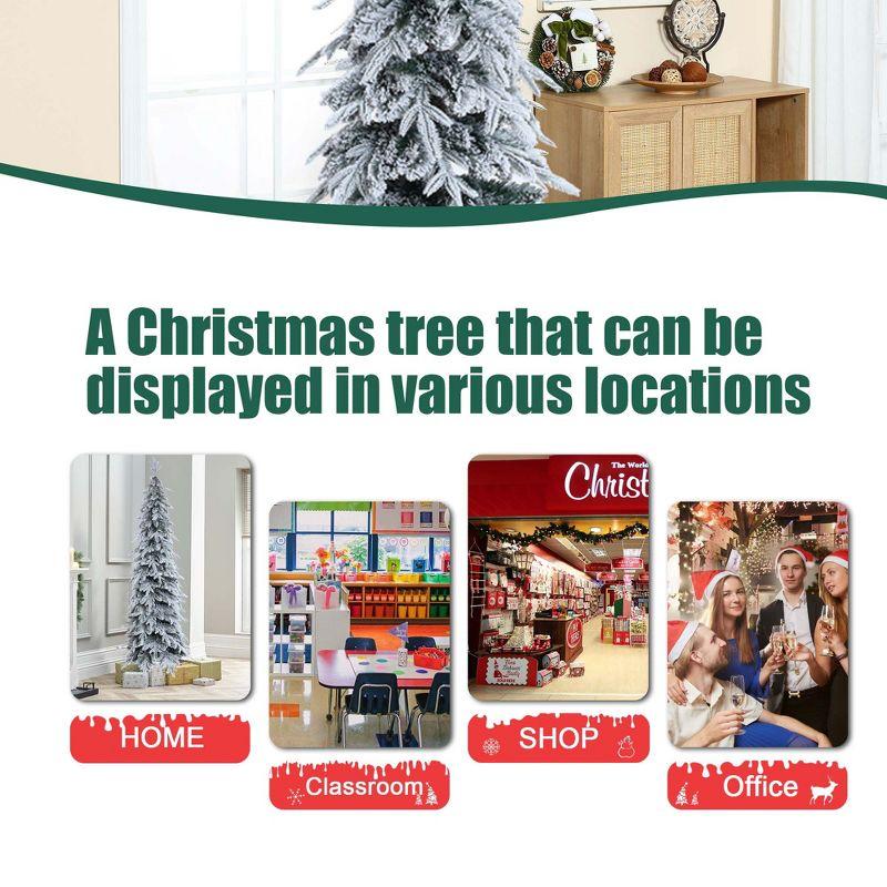 LuxenHome 6.9Ft Pencil Christmas Tree, Unlit Skinny Artificial Snow-Flocked Christmas Tree with X-Shape Metal Stand White