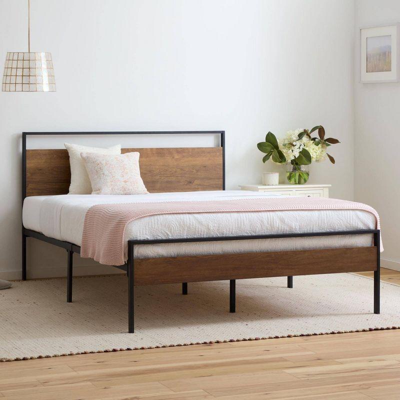 King Nora Metal and Wood Platform Bed Frame Brown - Brookside Home: Sturdy, No Box Spring Needed