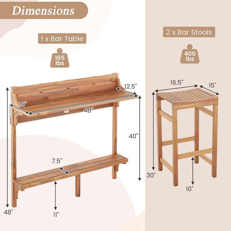 Acacia Wood 3-Piece Balcony Bar Table Set with Footrest