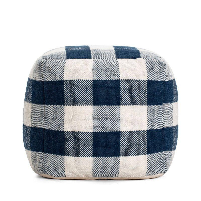 Midnight Blue and Ivory Square Wool-Cotton Blend Pouf