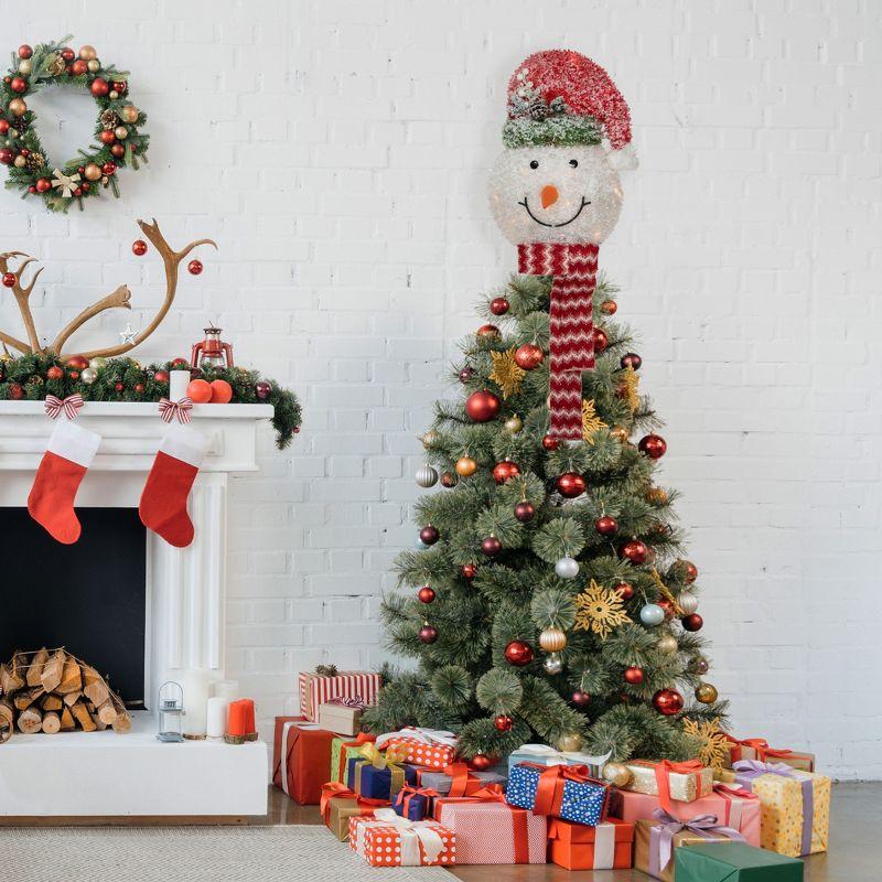 22" Lighted Snowman Wearing a Red Frosted Hat with Pine Christmas Tree Topper