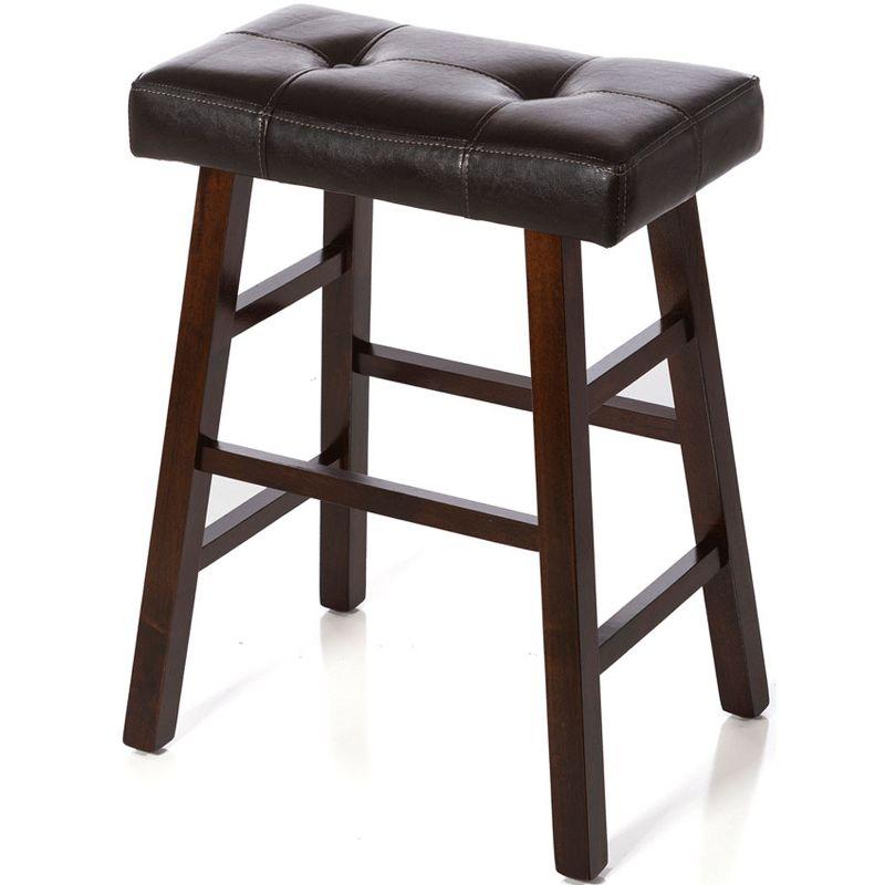 Set of 4 Dark Espresso Brown Wood Counter OR Bar Stools with Bonded Faux Leather Seat