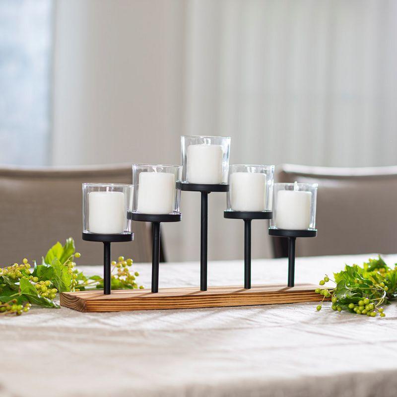 Le'raze Elegant Decorative Votive Candle Holder Centerpiece, 5 Glass Cups on Wood Base-Tray