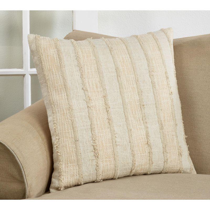 Off-White Cotton Fringe Stripe 22" Square Throw Pillow