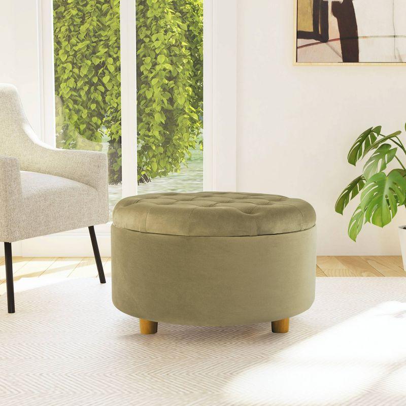 Tufted Round Storage Ottoman Light Sage Green Velvet - HomePop