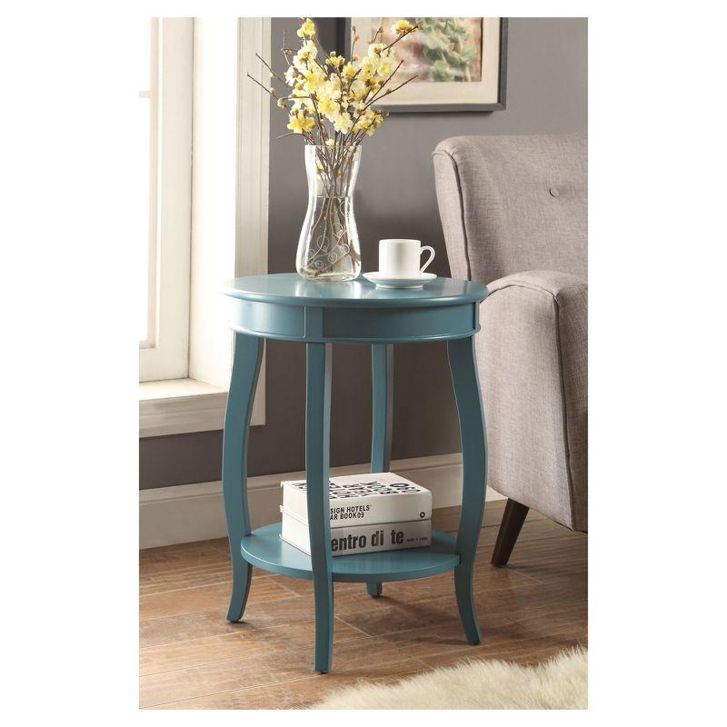 Aberta End Table Teal - Acme Furniture: Antique Finish, Round Side Table with Shelf, Wood Legs