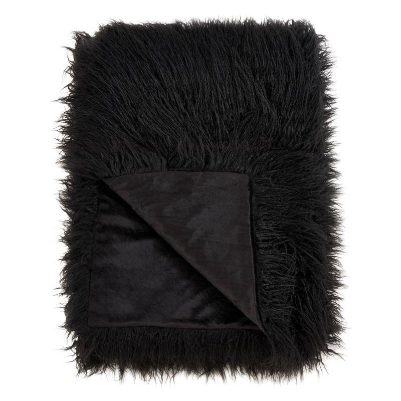 50"x60" Faux Mongolian Fur Throw Blanket Black - Saro Lifestyle: Modern Polyester Backing, Year-Round Comfort