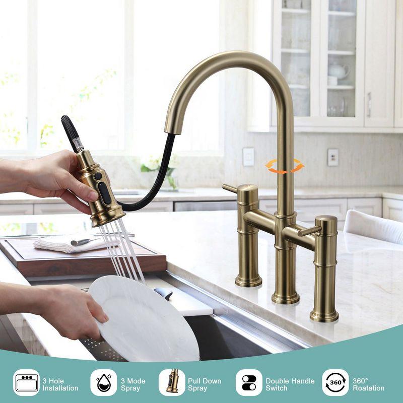 WOWOW Double Handle Bridge Pull Down Sprayer Kitchen Faucet