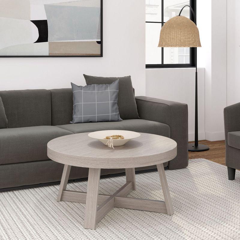Plank+Beam Solid Wood Classic Round Coffee Table, 36" Farmhouse Coffee Table, Seashell Wirebrush