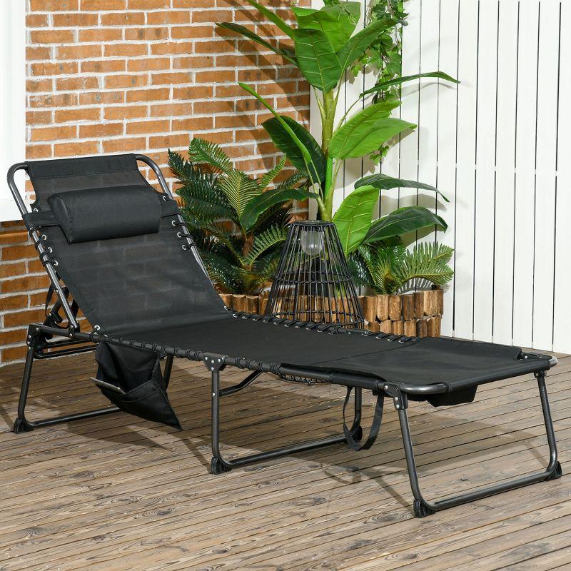 Outsunny Folding Chaise Lounge w/ 5-level Reclining Back, Outdoor Tanning Chair w/ Reading Hole, Outdoor Lounge Chair w/ Side Pocket, Headrest, Black