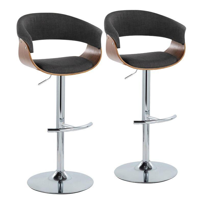 LumiSource Set of 2 Vintage Modern Adjustable Barstools Chrome/Walnut/Charcoal: Swivel, Upholstered, Metal Legs, Foam Filled