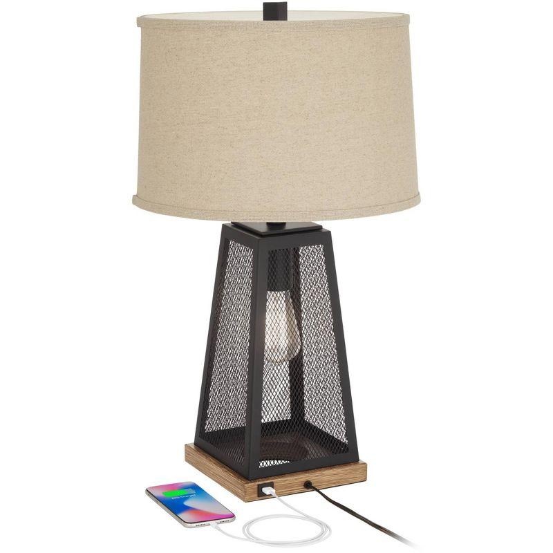 Franklin Iron Works Barris Industrial Table Lamp 26 3/4" High Metal Mesh with Nightlight LED USB Charging Port Burlap Shade for Living Room House Desk