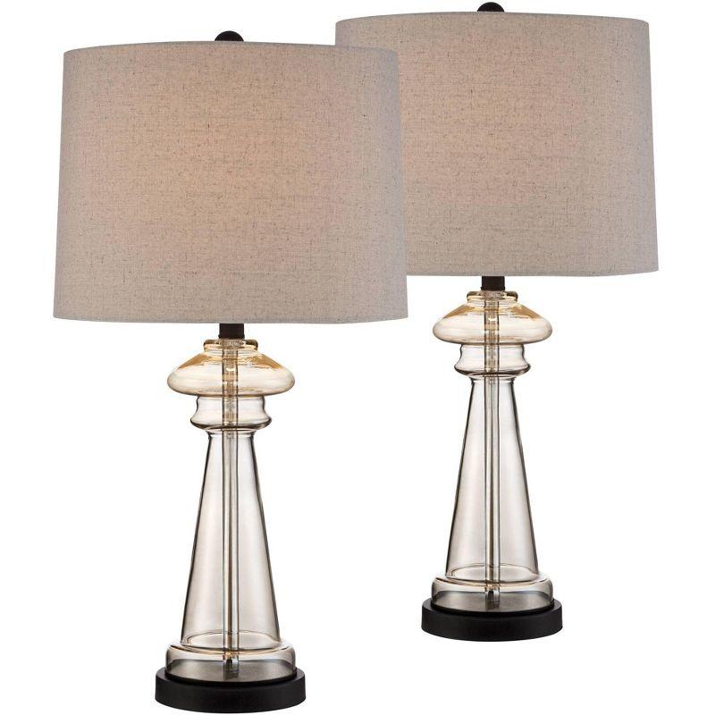 Set of 2 Clear Champagne Glass Table Lamps with Taupe Drum Shades