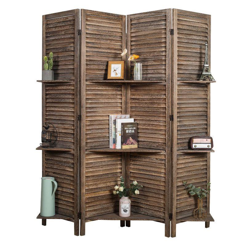 Proman Products Rancho 4 Shelf Panel Folding Screen Room Partition Paulownia Wood: Privacy Screen with Storage, No Assembly