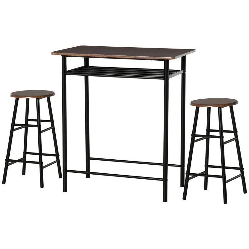 HOMCOM 3 Piece Counter Height Bar Table and Chairs Set, Space Saving Dining Table with 2 Matching Stools, Storage Shelf Metal Frame Footrest, Black