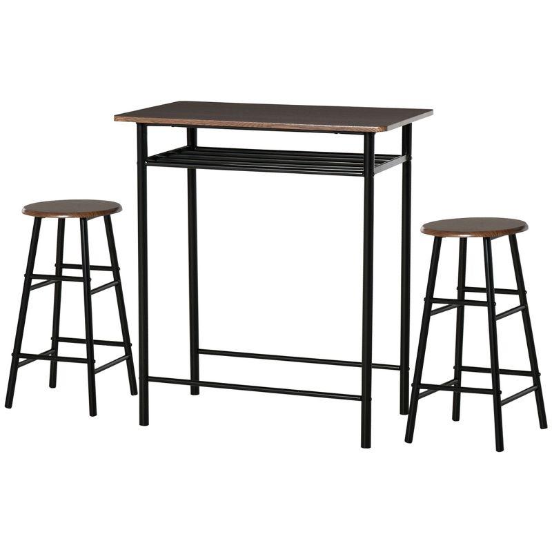 HOMCOM 3 Piece Counter Height Bar Table and Chairs Set, Space Saving Dining Table with 2 Matching Stools, Storage Shelf Metal Frame Footrest