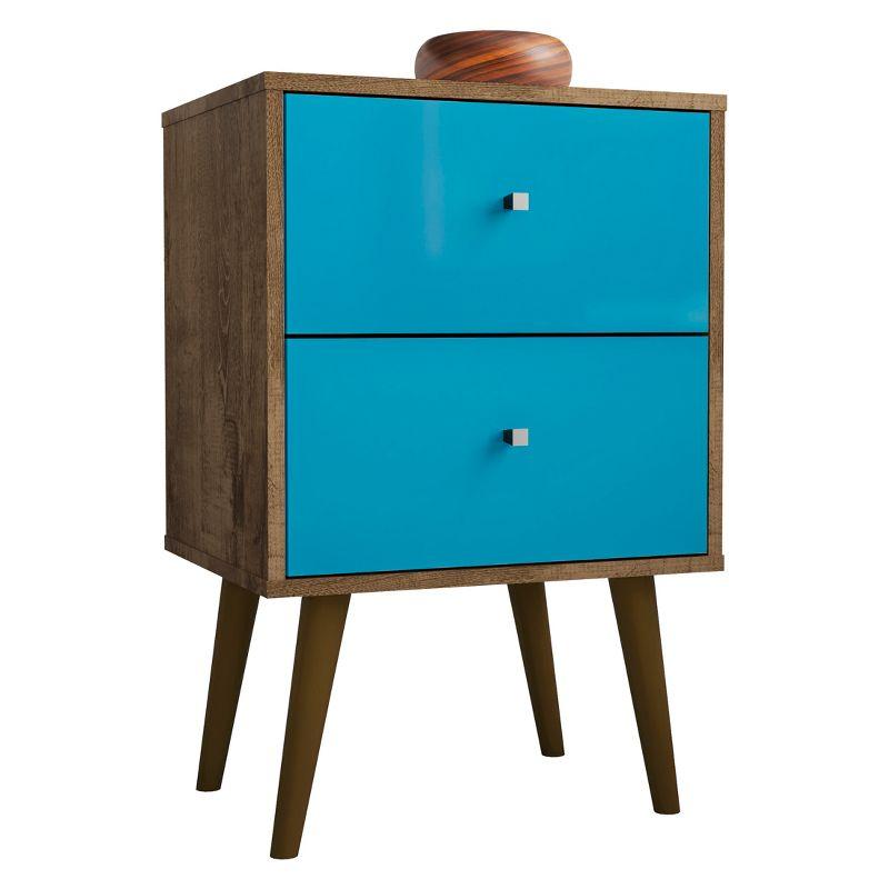 Liberty Mid-Century Modern Rustic Brown and Aqua Blue Nightstand with 2 Drawers