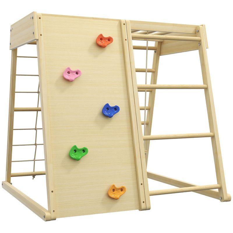 Qaba 5-in-1 Indoor Jungle Gym Playground with Swing, Climbing Wall, Rope & Wood Climber, Monkey Bars, Toddler Climbing Toys, Natural Wood