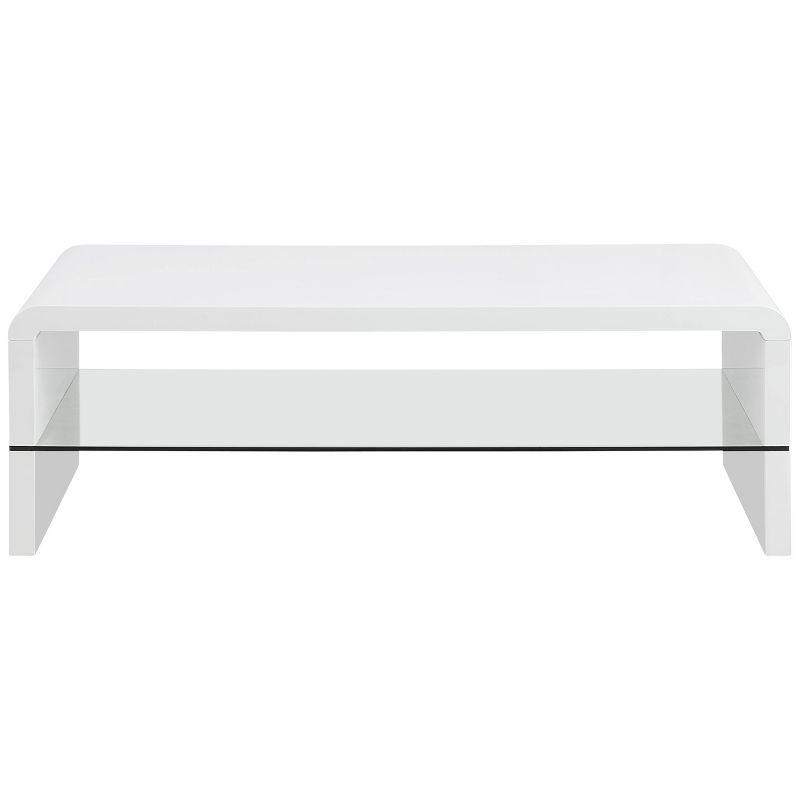 Airell Coffee Table with Glass Shelf White High Gloss - Coaster: Modern Rectangular with Storage Shelf