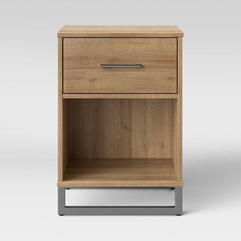 Mixed Material Dorm Nightstand Natural - Room Essentials™: Spacious Drawer, Open Shelf, Metal Legs
