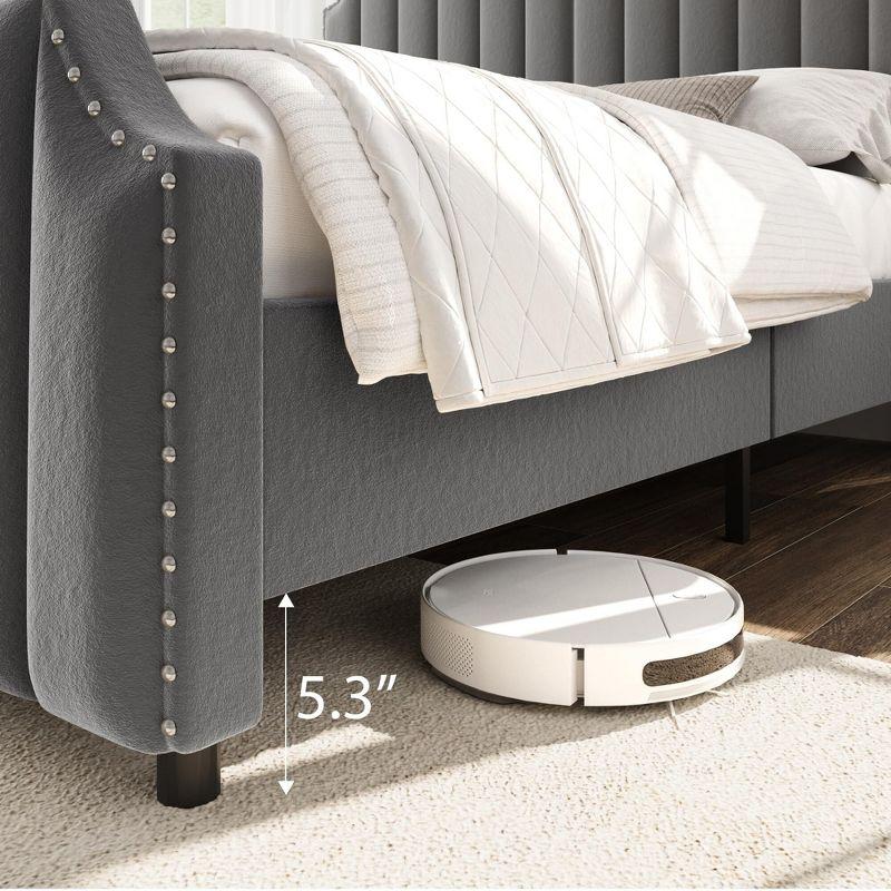 Garvee Queen Velvet Bed Frame, 50.2" Upholstered Headboard, Footboard with Nailhead Trim, No Box Spring Needed, Solid Wood Slats, Noise Free, Beige