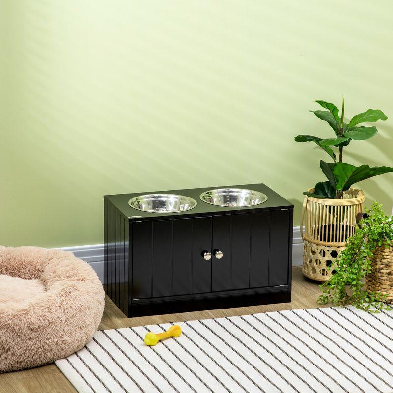 Black Elevated Dog Bowls with Storage Cabinet and Stainless Steel Bowls