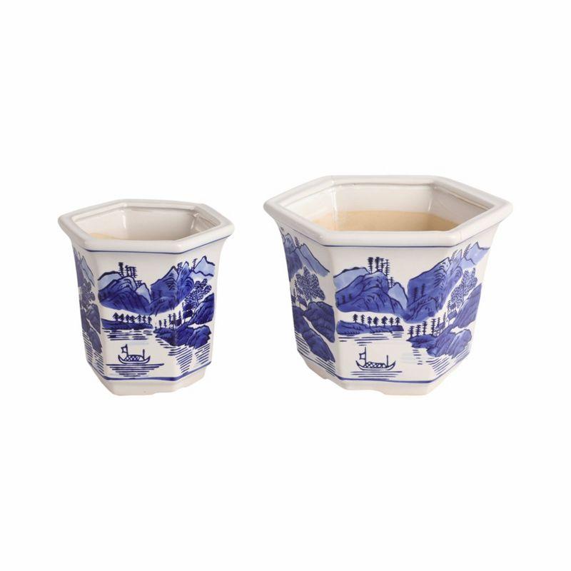 Sagebrook Home 2pc Chinoiserie Ceramic Indoor Outdoor Planter Pot Blue/White