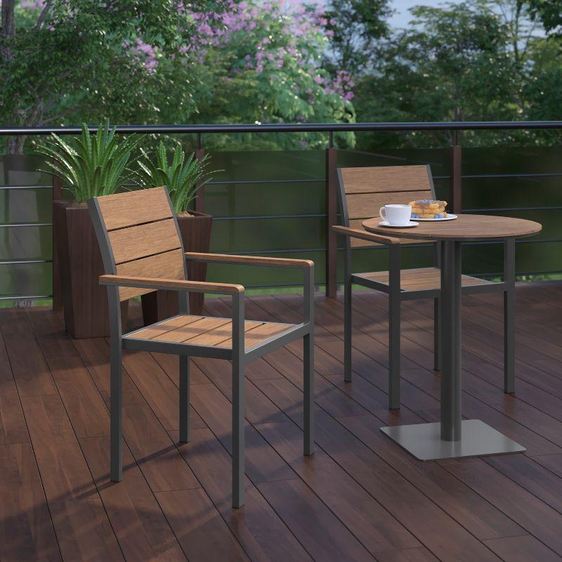 Gray Metal Patio Dining Chair with Natural Faux Teak Slats