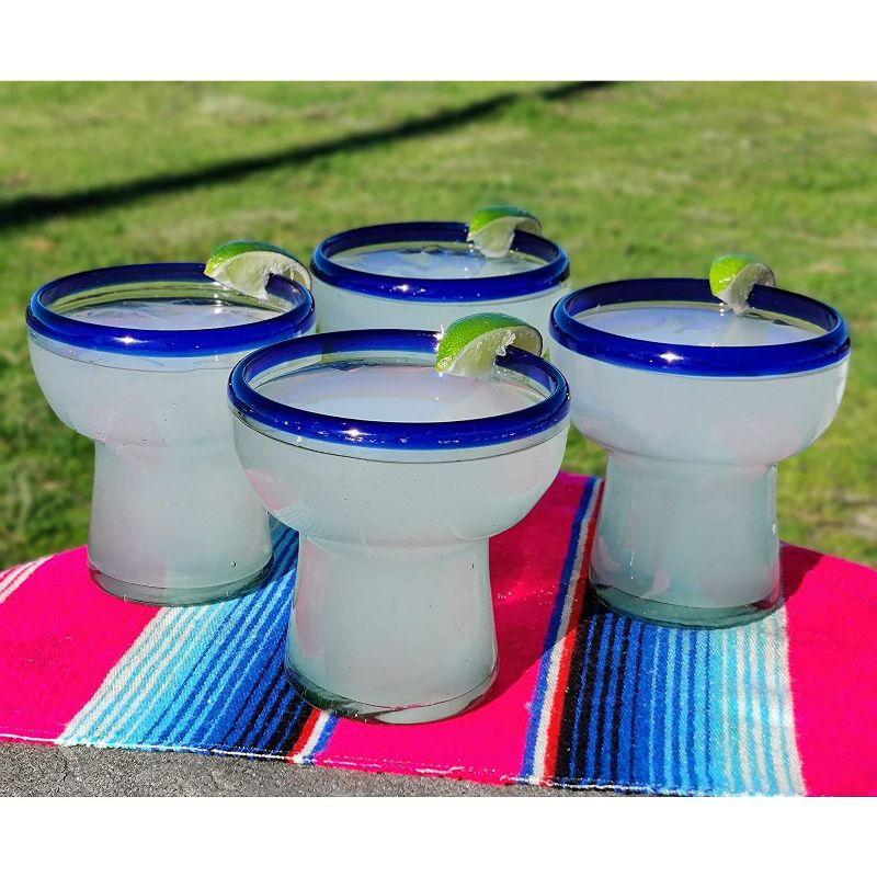 Longshore Tides Mexican Hand Blown Glass - Hand Blown Stemless Blue Rim Margarita Glasses (14oz) (Set of 4)