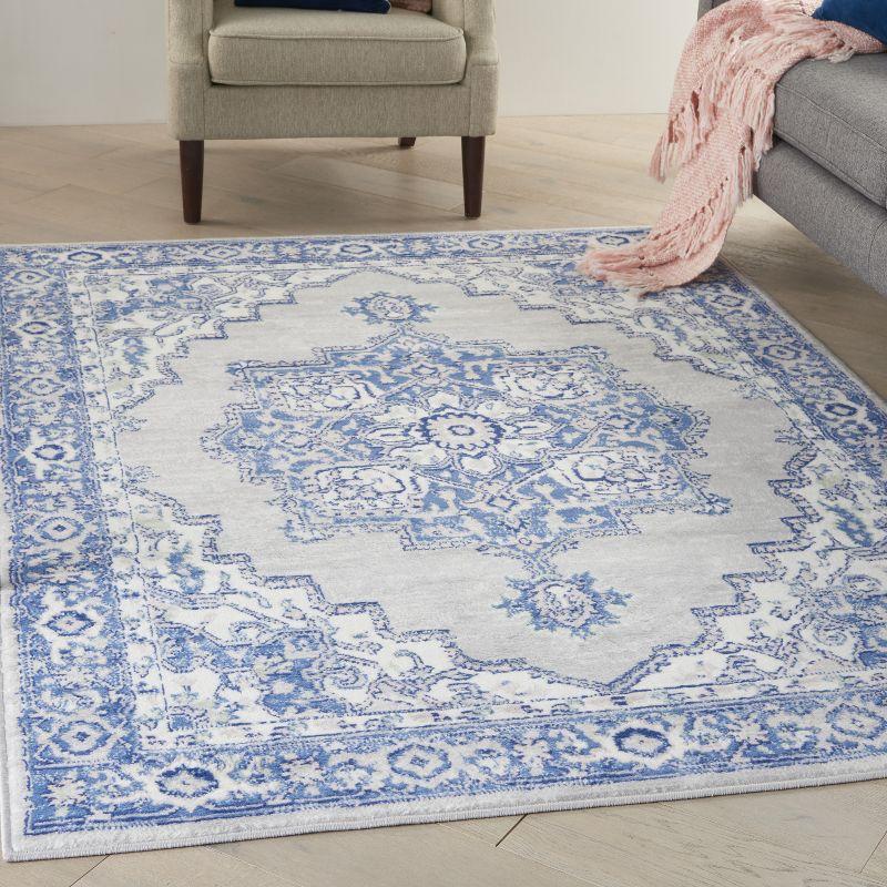 Grey Blue Floral Motif 6' x 9' Easy-Care Synthetic Area Rug