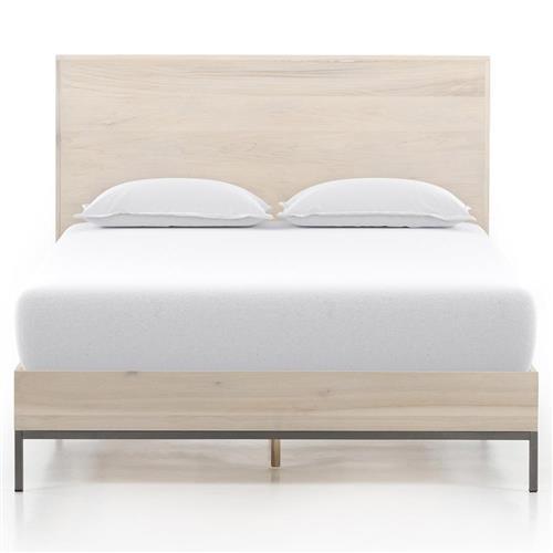 Contemporary Cream Queen Panel Bed with Wood Headboard and Metal Frame